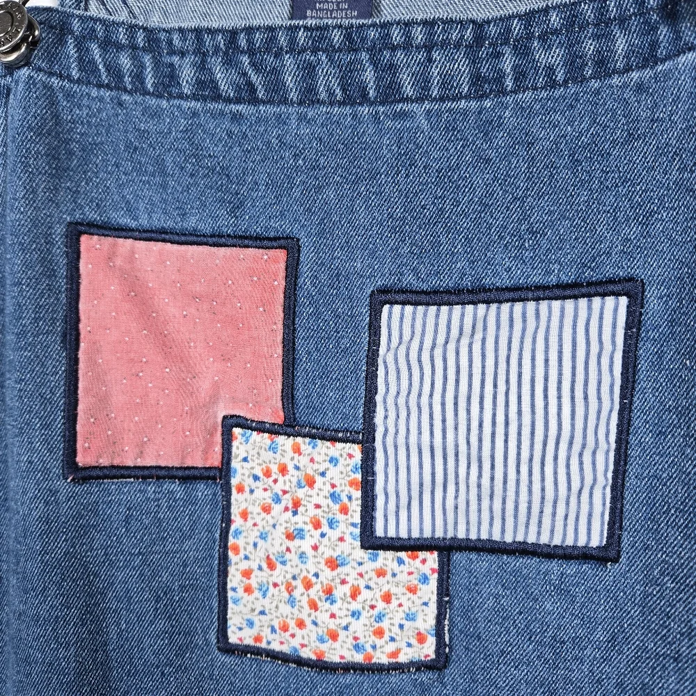 Vintage 90s Mountain Lake Casuals Patchwork Cropped Blue Jean Overalls Medium